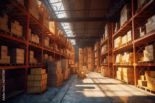 Rows of shelves with boxes in modern warehouse, Generative AI Technology
