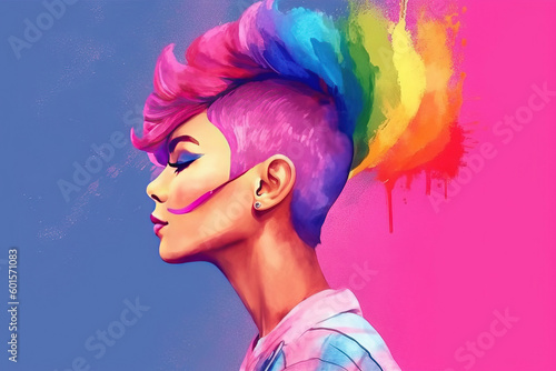 illustration of a woman with short hair on the sides looking right with the pride colors and pink background