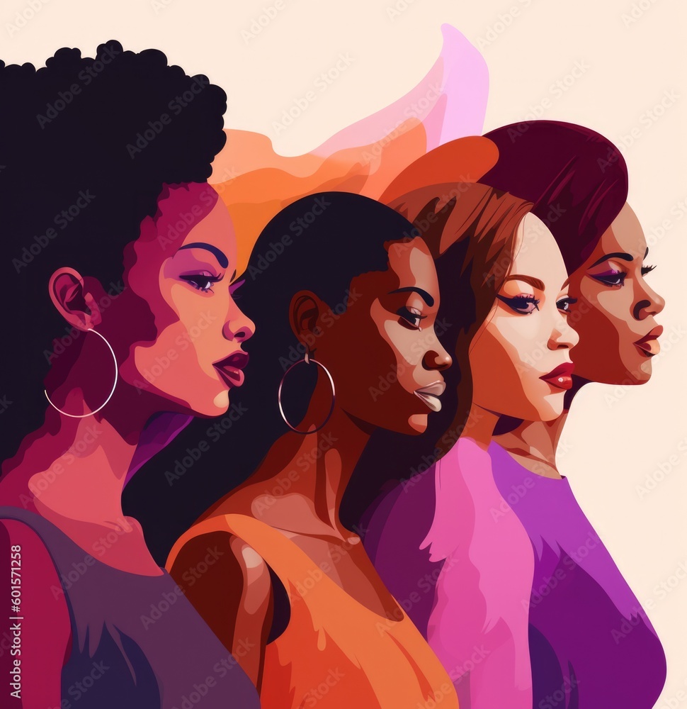 The modern woman.The modern woman. Grid of five different brown female faces in profile position, a vector style illustration. Bright colours, fashion style illustration