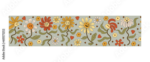 Seamless border with funny dancing daisy flowers. Groovy and retro vibes. Vector illustration.