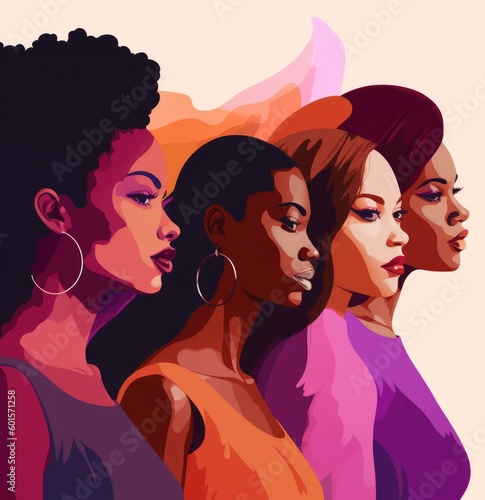 The modern woman.The modern woman. Grid of five different brown female faces in profile position, a vector style illustration. Bright colours, fashion style illustration