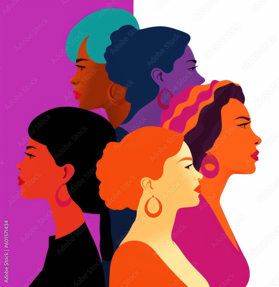 Women's beauty. Three different female faces, in profile using a square, vector style illustration. Bright bold colours. Diverse ethnicities and designs.