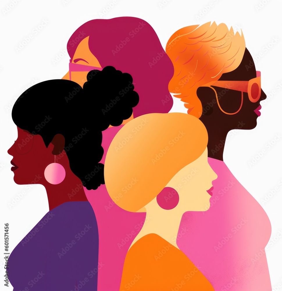 Women's beauty, white background isolated illustration. Beautiful female faces in profile, using a flat, vector style illustration. Bright bold colours. Diverse ethnicities and designs.