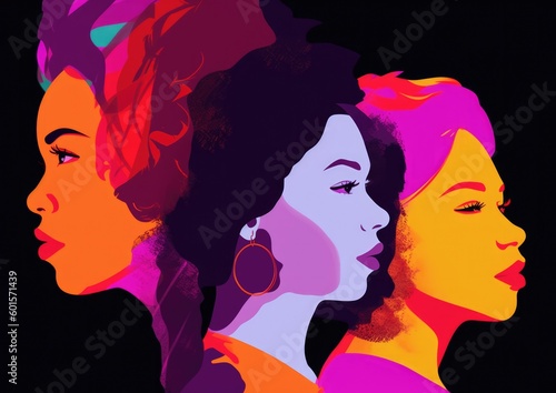 Women's beauty, black background. Three different female faces, in profile using a landscape, vector style illustration. Bright bold colours. Diverse ethnicities and designs.