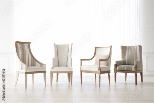 four furniture chairs against white background in white, striped and wood, Generative AI