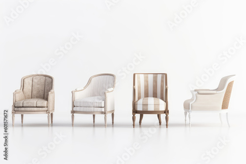 four furniture chairs against white background in white  striped and wood  Generative AI