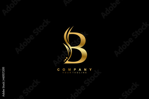 Luxury gold B logo design with feather. premium B letter monogram logo. suitable for business logos, beauty logos, company logos, boutiques, spas, salons, etc