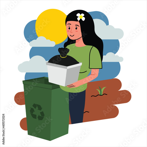 recycle waste woman carrying trash into trash can, vector illustration, in the style of harmony with nature, green and amber, 