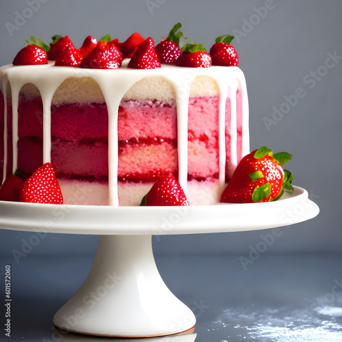 Melting cream on top of strawberry cake with strawberries on top