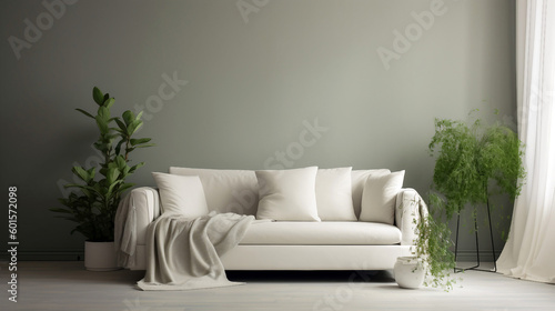 Interior of modern and minimalist living room with gray wall and white sofa. Generative ai illustration