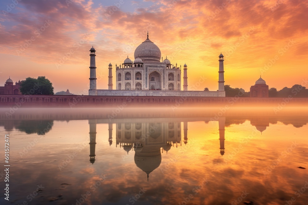 Sunset over Taj Mahal, India, Agra, Stunning Scenic Landscape Wallpaper, Generative AI
