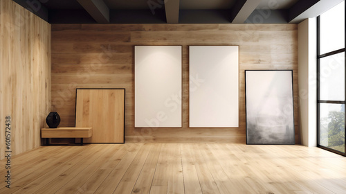 Empty room with wooden walls and wooden floor and picture frame. Generative ai illustration