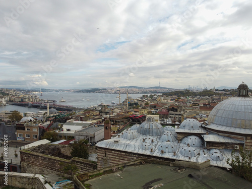 Aerial drone view of the Mosque, huge Ottoman imperial mosque in Istanbul,Turkey