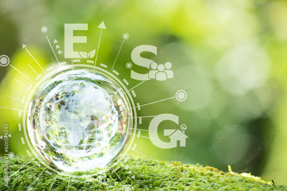 ESG text on crystal globe placed on natural bokeh background and icon. - obrazy, fototapety, plakaty 