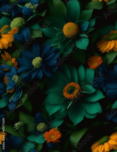 Close up dark photography overhead view of beautiful and colorful flowers. Wallpaper  background concept. AI generative