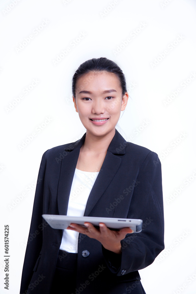 business woman hold a tablet on white background business woman hold a tablet on white background