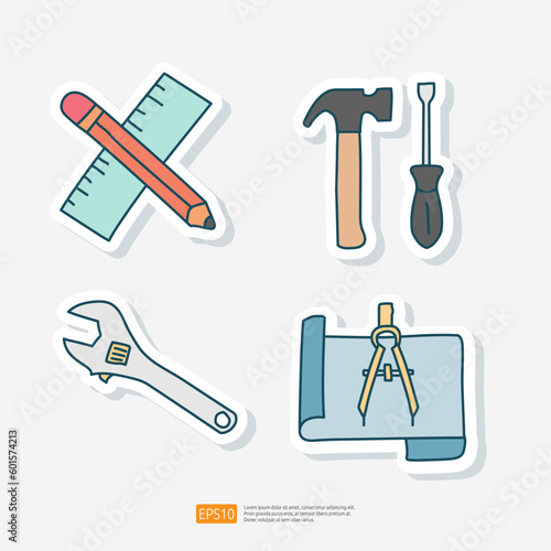 Design and Architectural Doodle Sticker Icon Set. Ruler and Pencil, Hammer and Screwdriver, Blueprint Vector Illustration