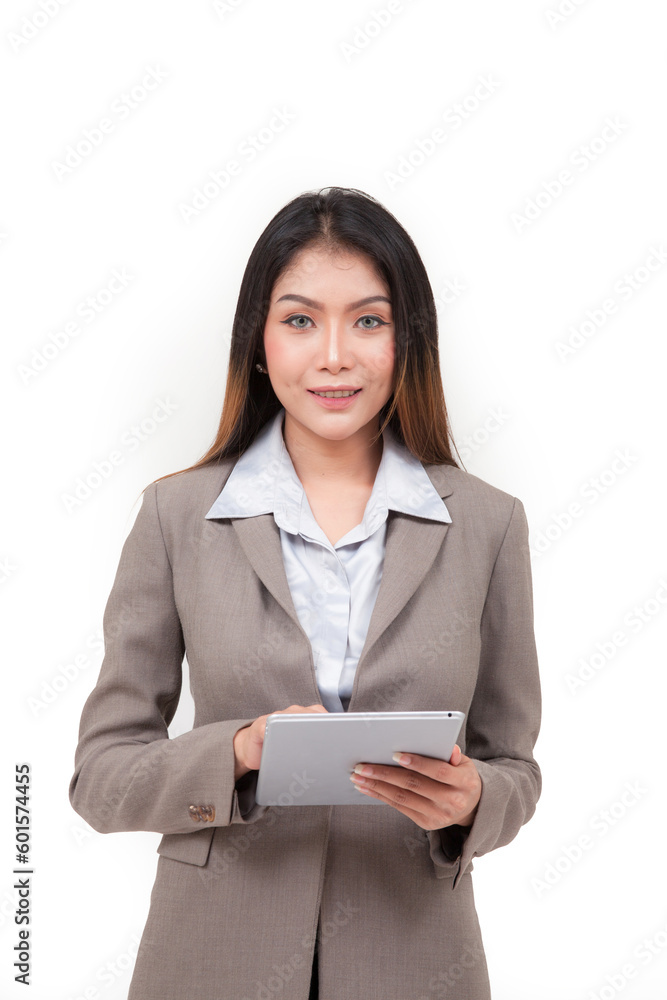business woman hold a tablet on white background business woman hold a tablet on white background