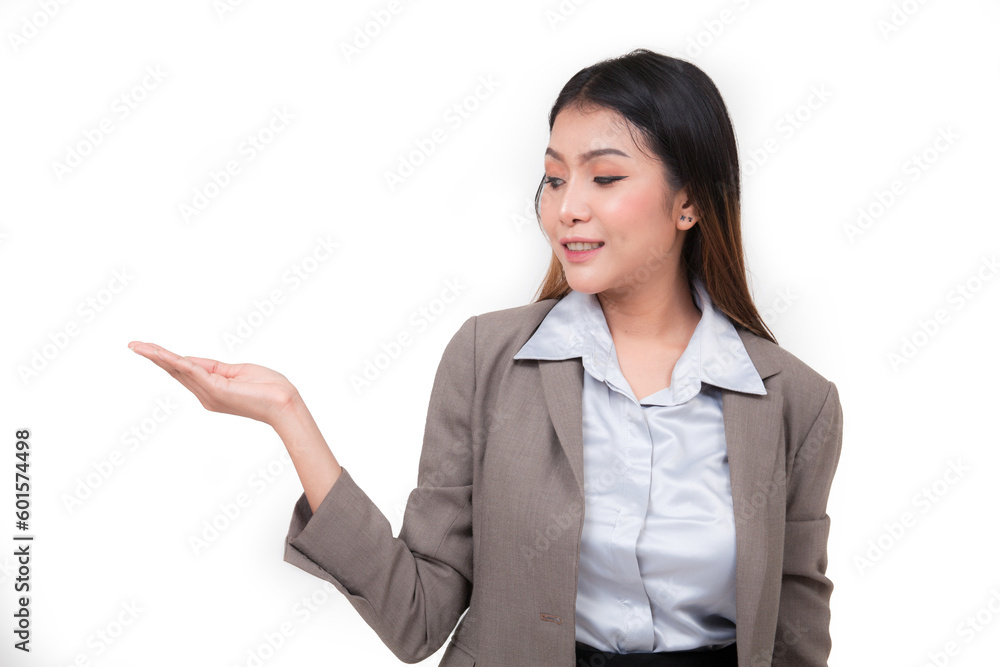 business woman hold a tablet on white background