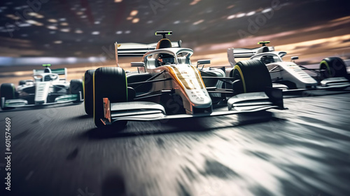 Motor sports competitive team racing.Crowd cheering with fast moving generic race car's racing down the track towards the finish line with motion blur. Created using generative AI tools 
