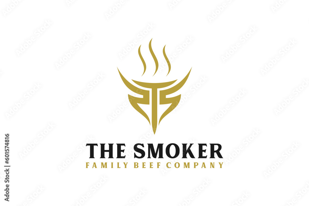 S T initial bbq grill logo design smoke cow head horn shape S T initial bbq grill logo design smoke cow head horn shape