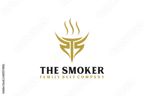 S T initial bbq grill logo design smoke cow head horn shape