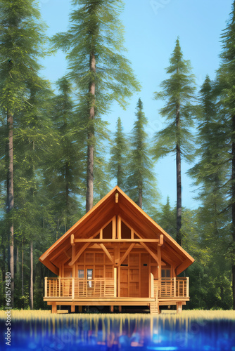 Secluded cabin in the middle of a tranquil lake, surrounded by trees. Serene, wilderness, isolation concept created with generative AI.