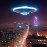 Dark night sky with UFO illuminating the city with its light. Alien ship, epic sci-fi scene, futuristic concept created with generative AI.