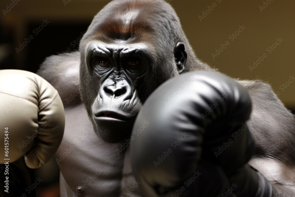 a gorilla wearing boxing gloves