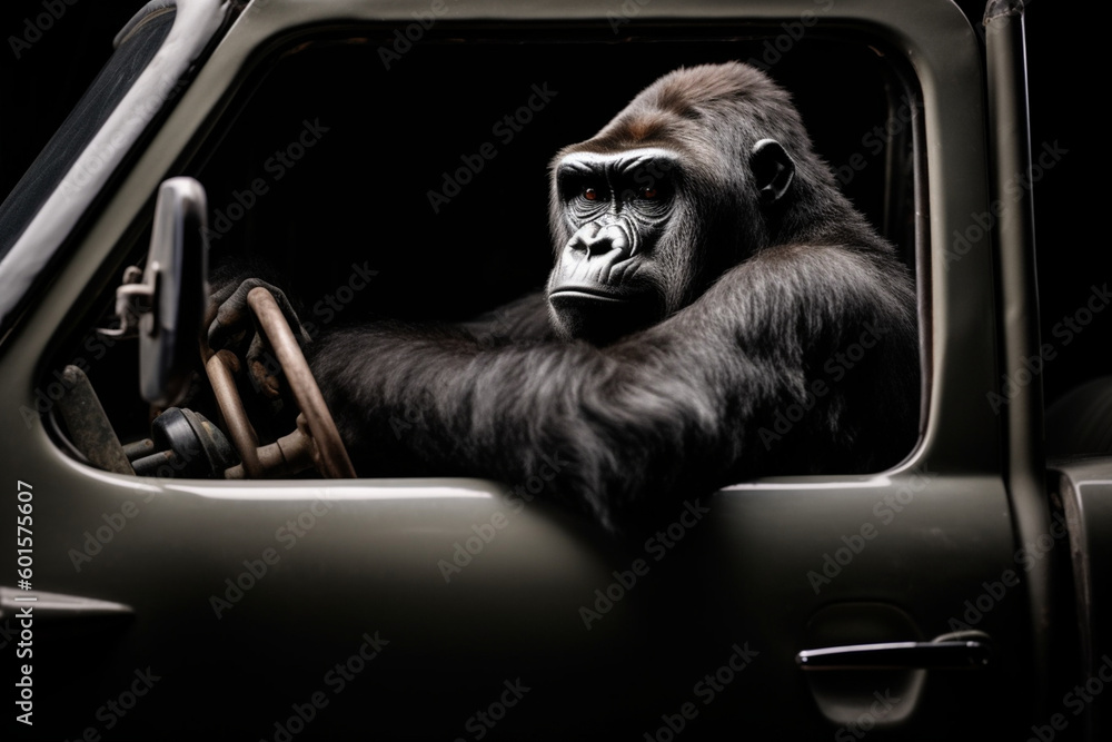 a gorilla driving a car