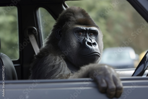 a gorilla driving a car