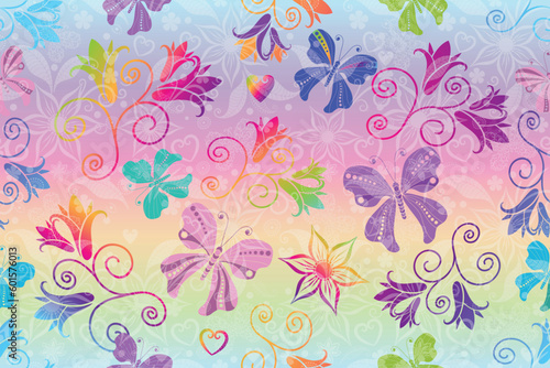 Vector colorful seamless pattern with flying butterflies and flowers on a pastel rainbow background © Olga Drozdova