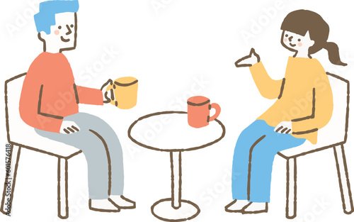 カフェで会話している男女二人_色