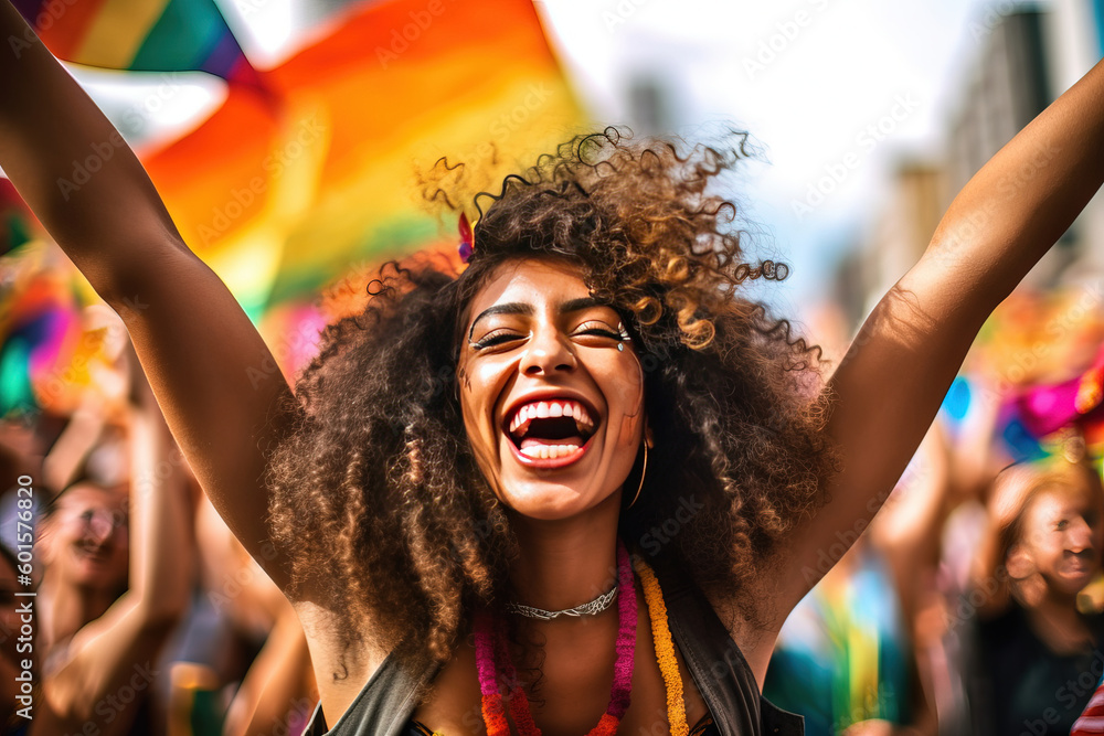 happy black woman celebrating at the pride parade