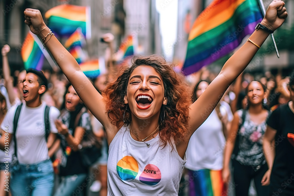 woman smiling in the parade with her arms up woman smiling in the parade with her arms up