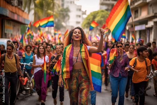 woman in a parade with her fist up