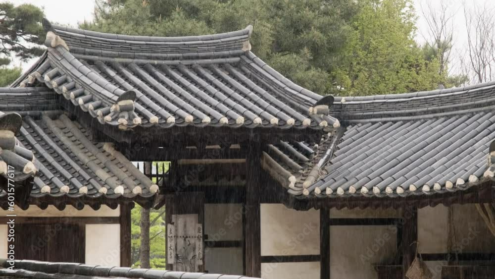 Traditional asian korean cultural village roofs in rainy day Traditional asian korean cultural village roofs in rainy day