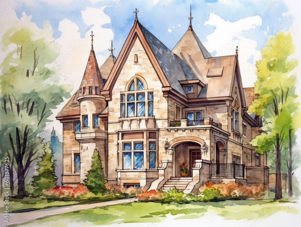 A Watercolor of a Beautiful Home with a Neo-Gothic Architecture Design | Generative AI