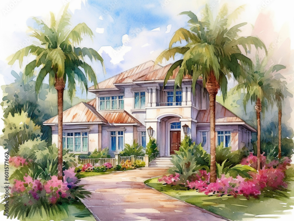 A Watercolor of a Beautiful Home with a Tropical Architecture Design | Generative AI
