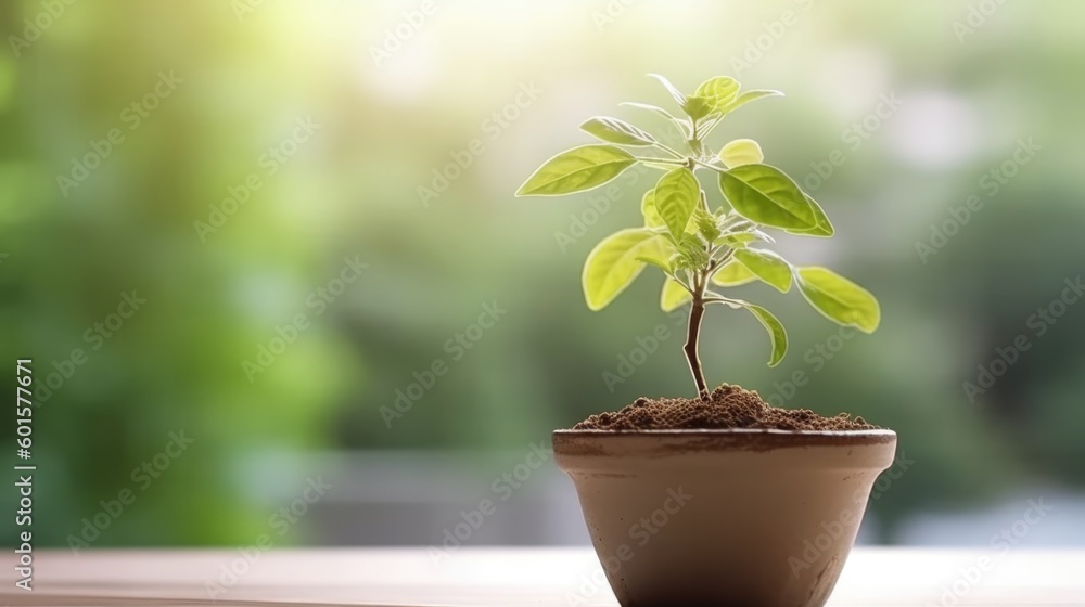 Small plant in a pot with a blurred green garden in the background. Generative AI. Small plant in a pot with a blurred green garden in the background. Generative AI.