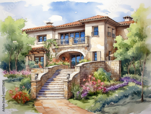 A Watercolor of a Beautiful Home with a Mediterranean Architecture Design | Generative AI