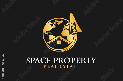 Space property world globe logo design vector template real estate vector template