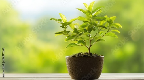 Small plant in a pot with a blurred green garden in the background. Generative AI.