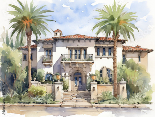 A Watercolor of a Beautiful Home with an International Style Architecture Design   Generative AI © Nathan Hutchcraft