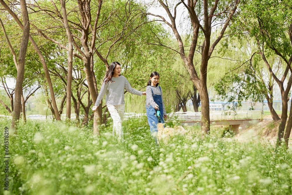 강아지를 산책시키는 엄마와 딸 강아지를 산책시키는 엄마와 딸