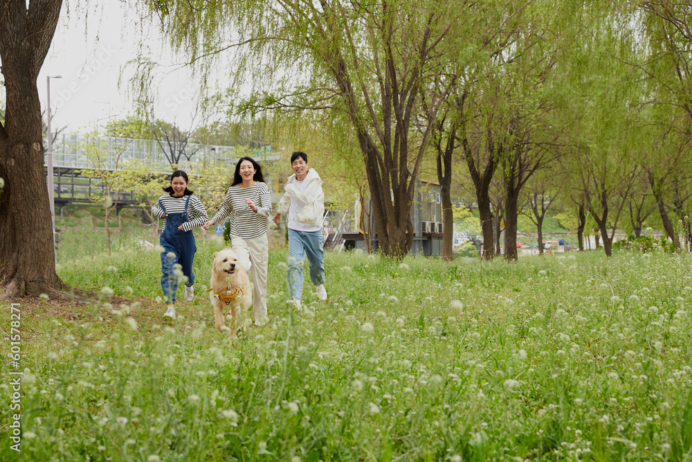 Fototapeta premium 강아지와 함께 뛰어노는 가족