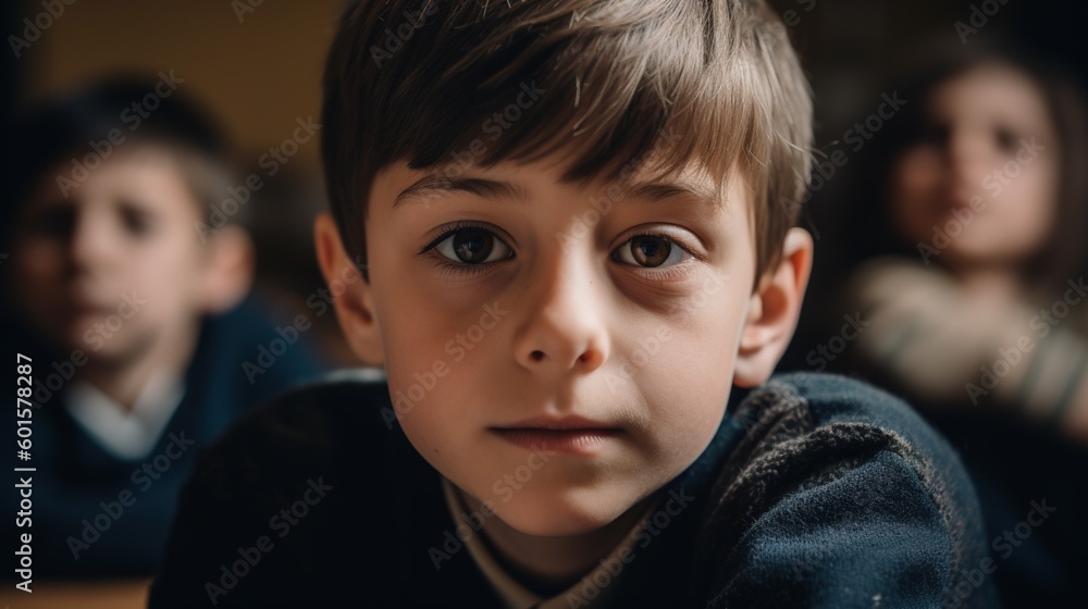 Portrait of a little boy looking at camera in classroom.Generative Ai Portrait of a little boy looking at camera in classroom.Generative Ai