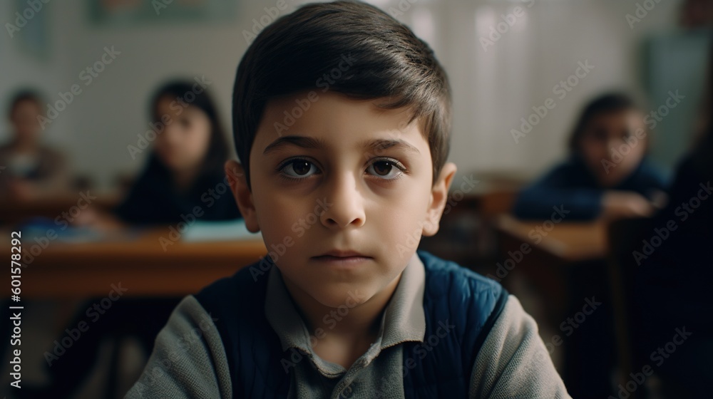 Portrait of a little boy looking at camera in classroom.Generative Ai