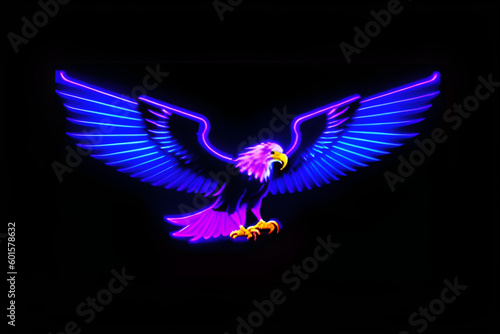 Neon glowing outlined illustration of colorful bird