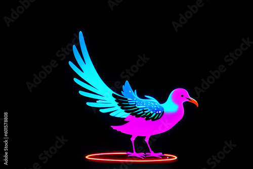 Neon glowing outlined illustration of colorful bird